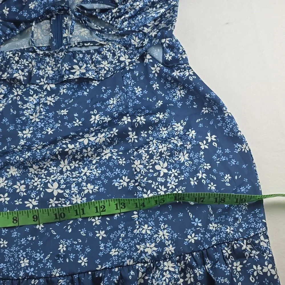TULAROSA NWT Tanya Satin Blue Floral Cut-Out Ruffle Dress with Tie‎ front Medium